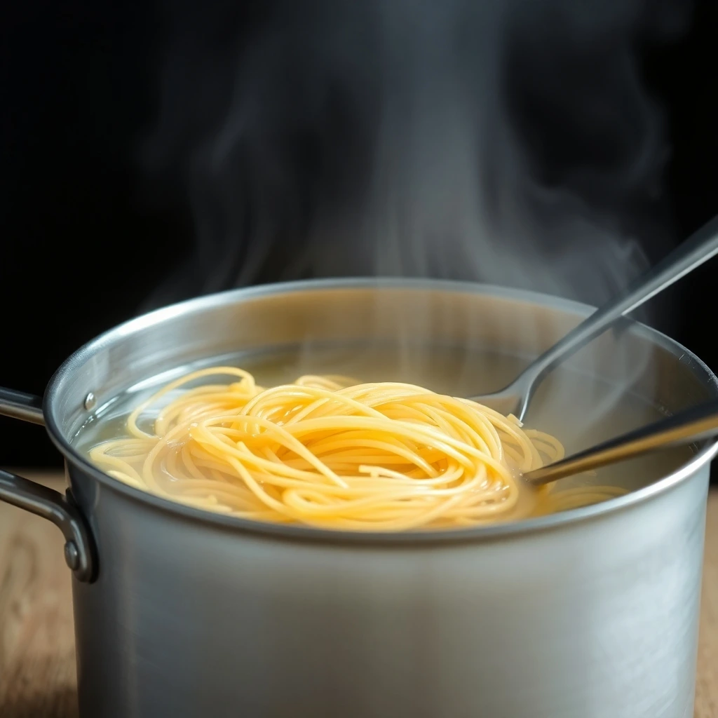 Spaghetti boiling in a steaming pot of water.