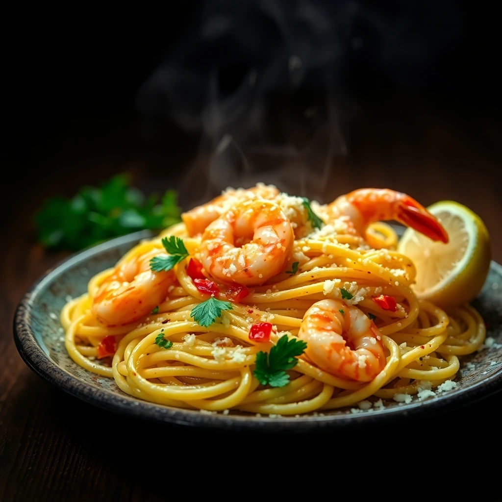 A plated dish of shrimp scampi with pasta garnished with lemon and parsley.