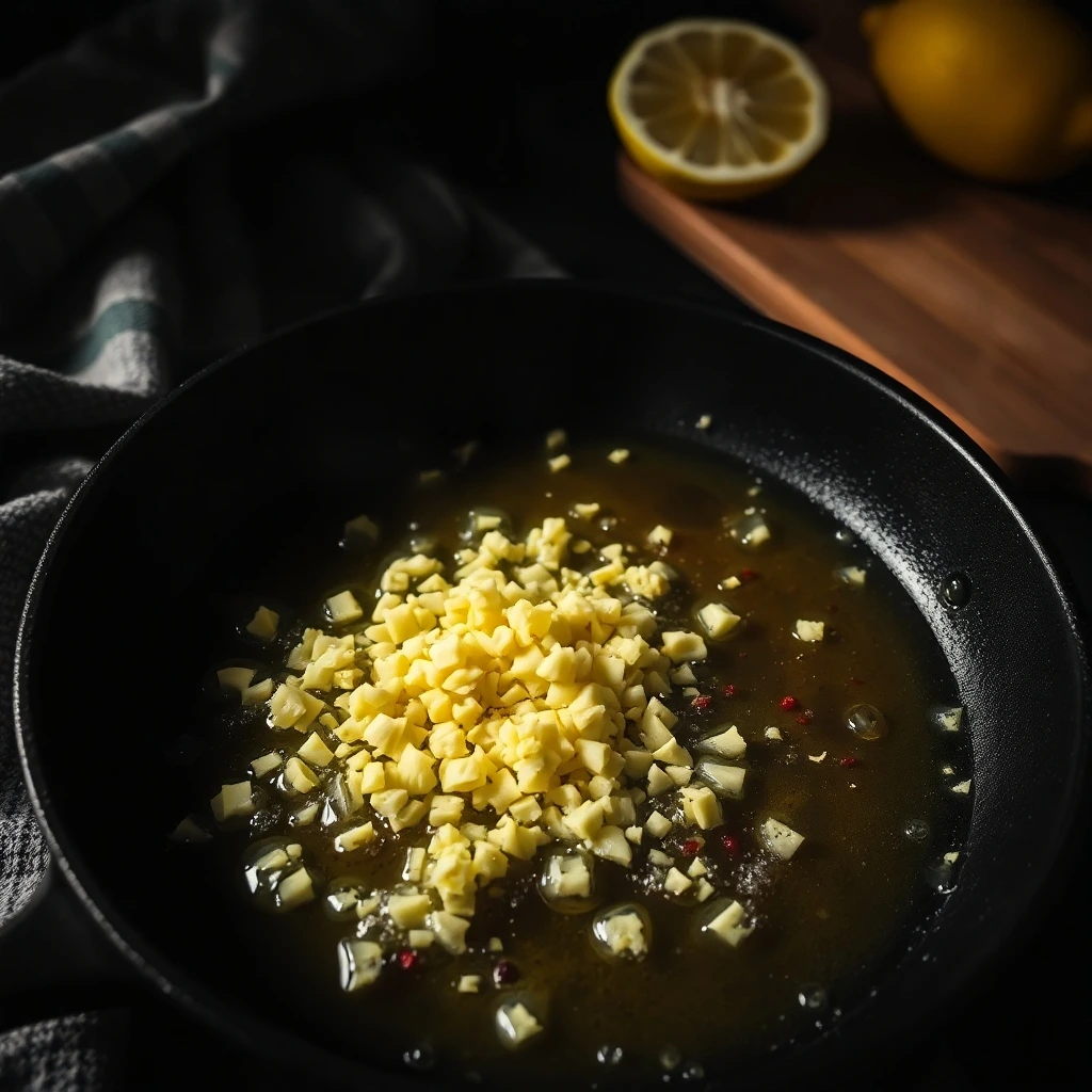 Chopped garlic sizzling in olive oil in a black skillet.