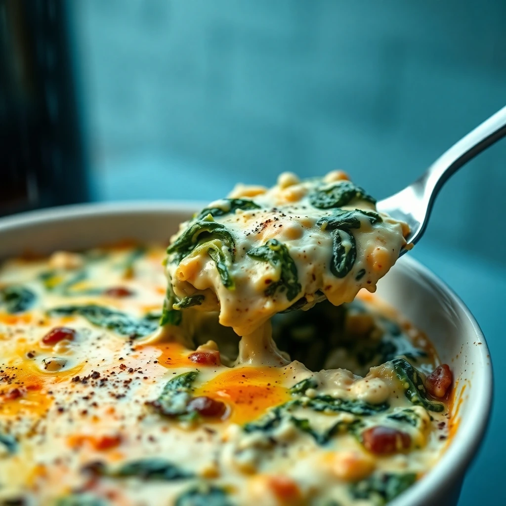 High-resolution close-up of a hot Spinach Artichoke Dip in a modern white casserole dish, showcasing its rich, creamy texture with vibrant spinach and artichoke pieces, topped with melted cheese and herbs—a true crowd-pleasing dips delight.