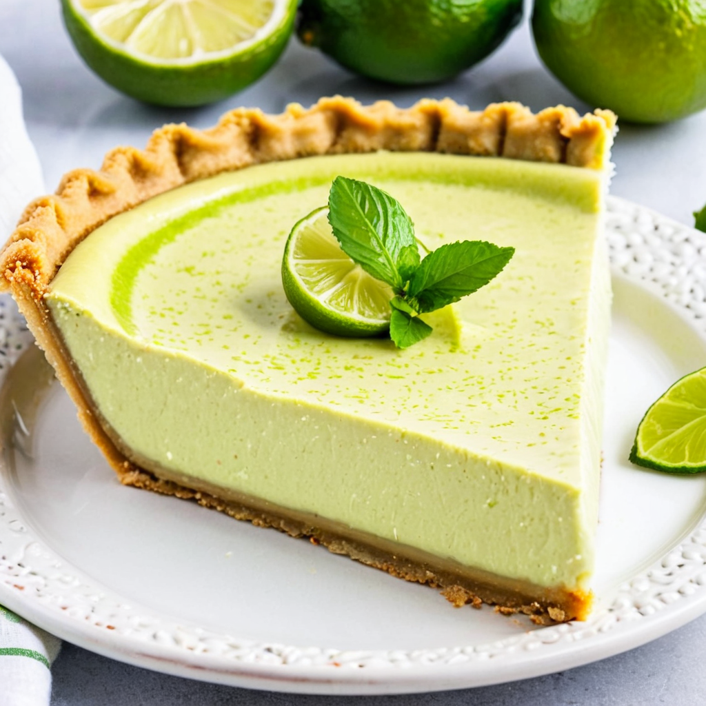 A vibrant slice of vegan Key Lime Pie garnished with a lime wedge and fresh mint leaves, served on a white plate with whole limes in the background.