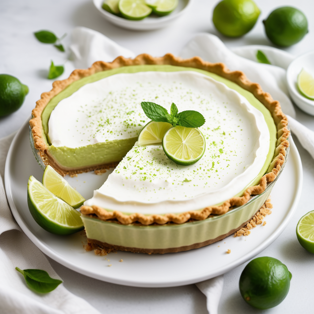 A vegan Key Lime Pie with a smooth light green filling, golden graham cracker crust, topped with lime slices, mint leaves, and lime zest on a white ceramic plate, surrounded by fresh limes.