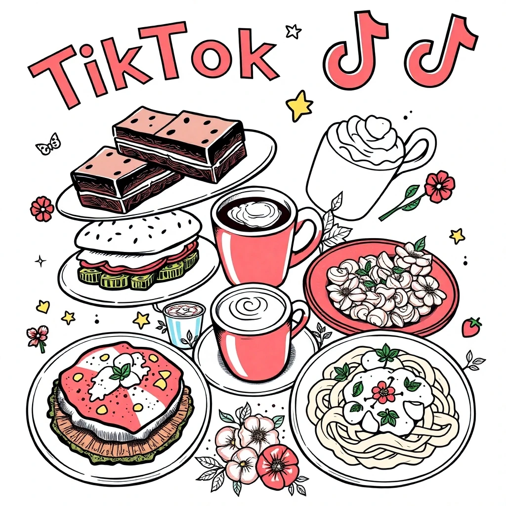 TikTok's 2025 Food Craze: Hand-drawn illustration of various TikTok food trends, including coffee, pasta, sandwiches, and desserts.