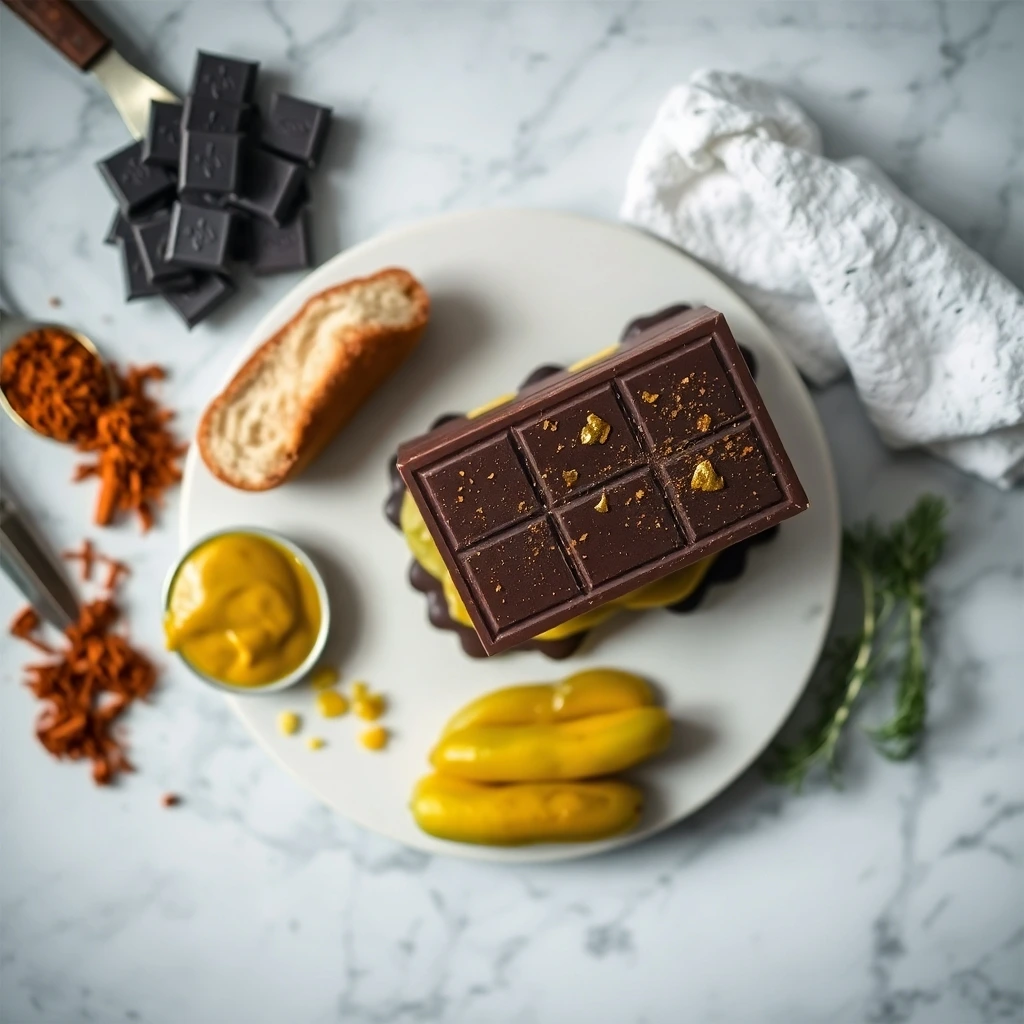 A gourmet chocolate bar placed on a plate with mustard, pickles, and bread, surrounded by chocolate chunks and spices.