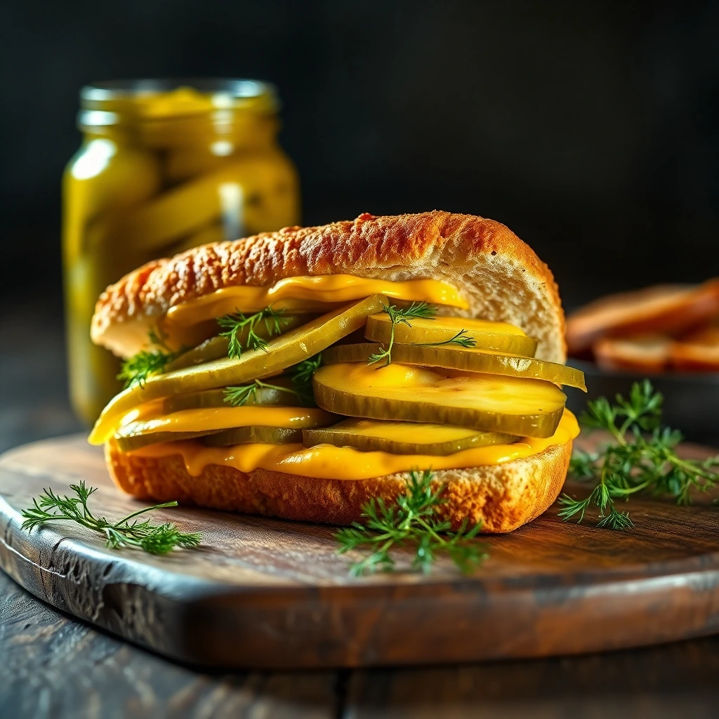 TikTok's 2025 Food Craze: A sandwich filled with thick pickle slices, melted cheese, and fresh herbs on a rustic wooden board.