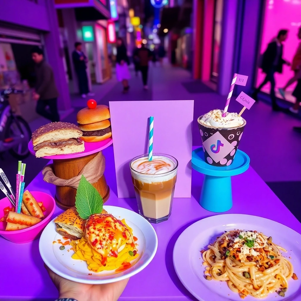 A neon-lit table filled with TikTok-inspired dishes like burgers, pasta, coffee, and dessert, set against a futuristic city background.