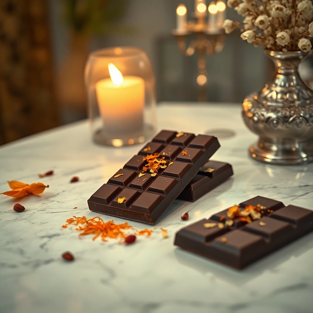 TikTok's 2025 Food Craze: Dark chocolate bars sprinkled with dried flowers and nuts, placed on a marble table with candlelight.