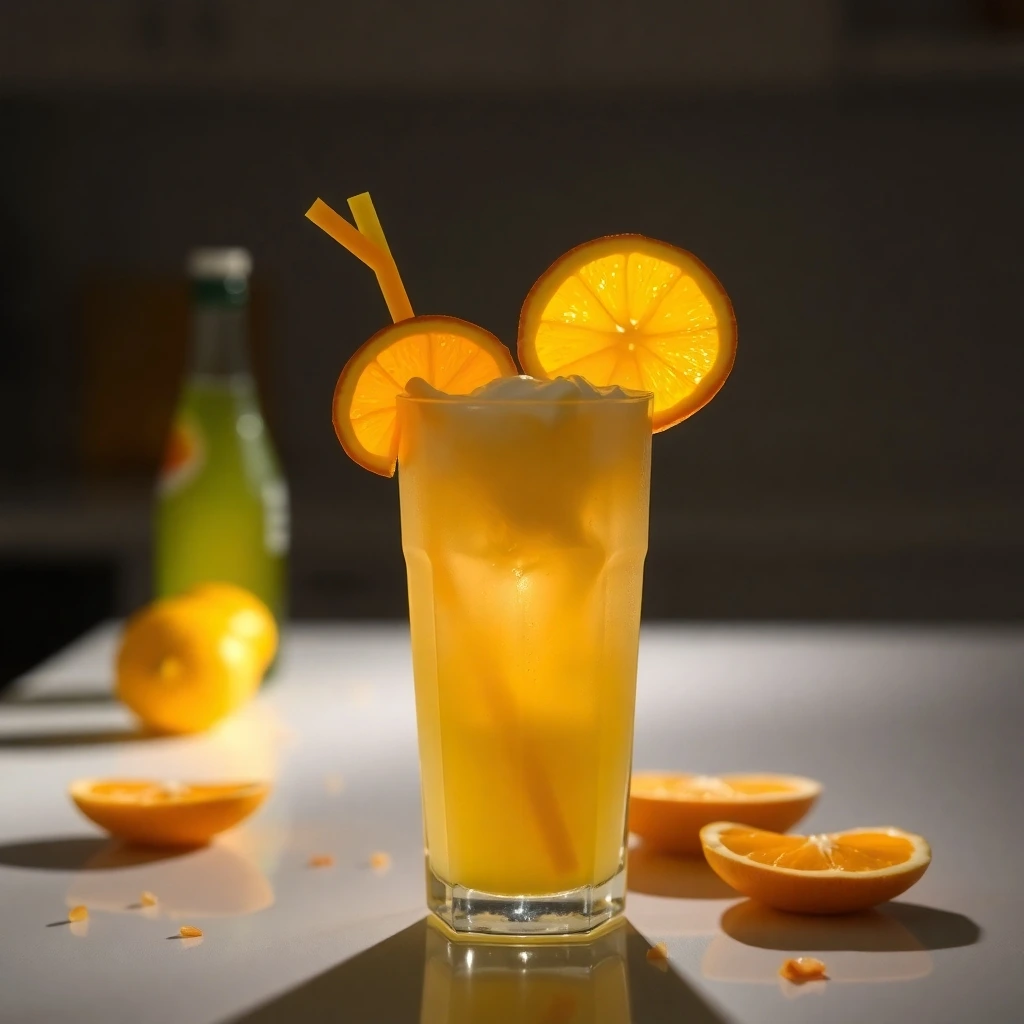 A Citrus Sunshine Dirty Soda made with lemon-lime soda, orange syrup, and coconut cream, garnished with an orange slice.