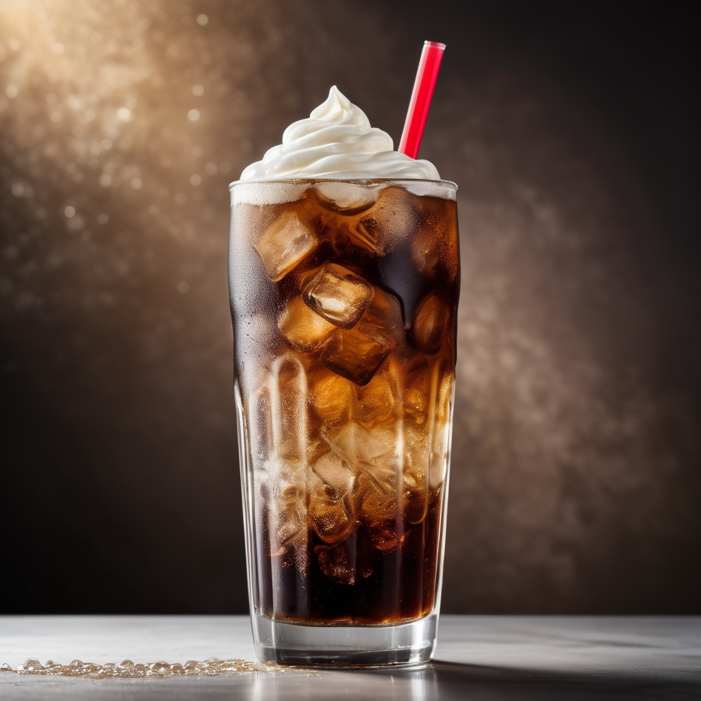 A close-up of a homemade dirty soda in a tall glass with ice, showing a creamy swirl blending into a fizzy dark soda base. Generic syrup bottle and cream carton nearby.