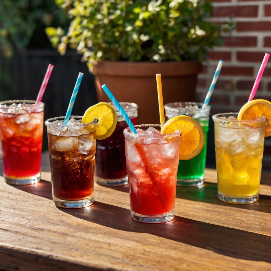 of Dirty Soda drinks featuring various flavors like cola, lemon-lime, and cream soda