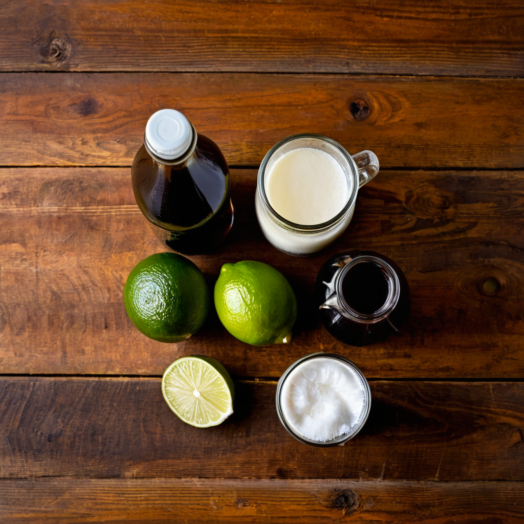 A flat-lay of dirty soda ingredients including dark soda, coconut syrup, vanilla syrup, fresh lime, and cream on a wooden surface with a finished dirty soda glass.