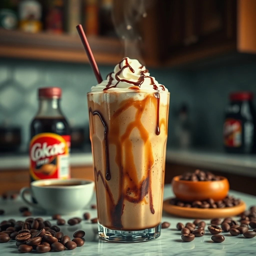 A Mocha Madness Dirty Soda featuring cola, chocolate syrup, and coffee creamer, drizzled with chocolate.