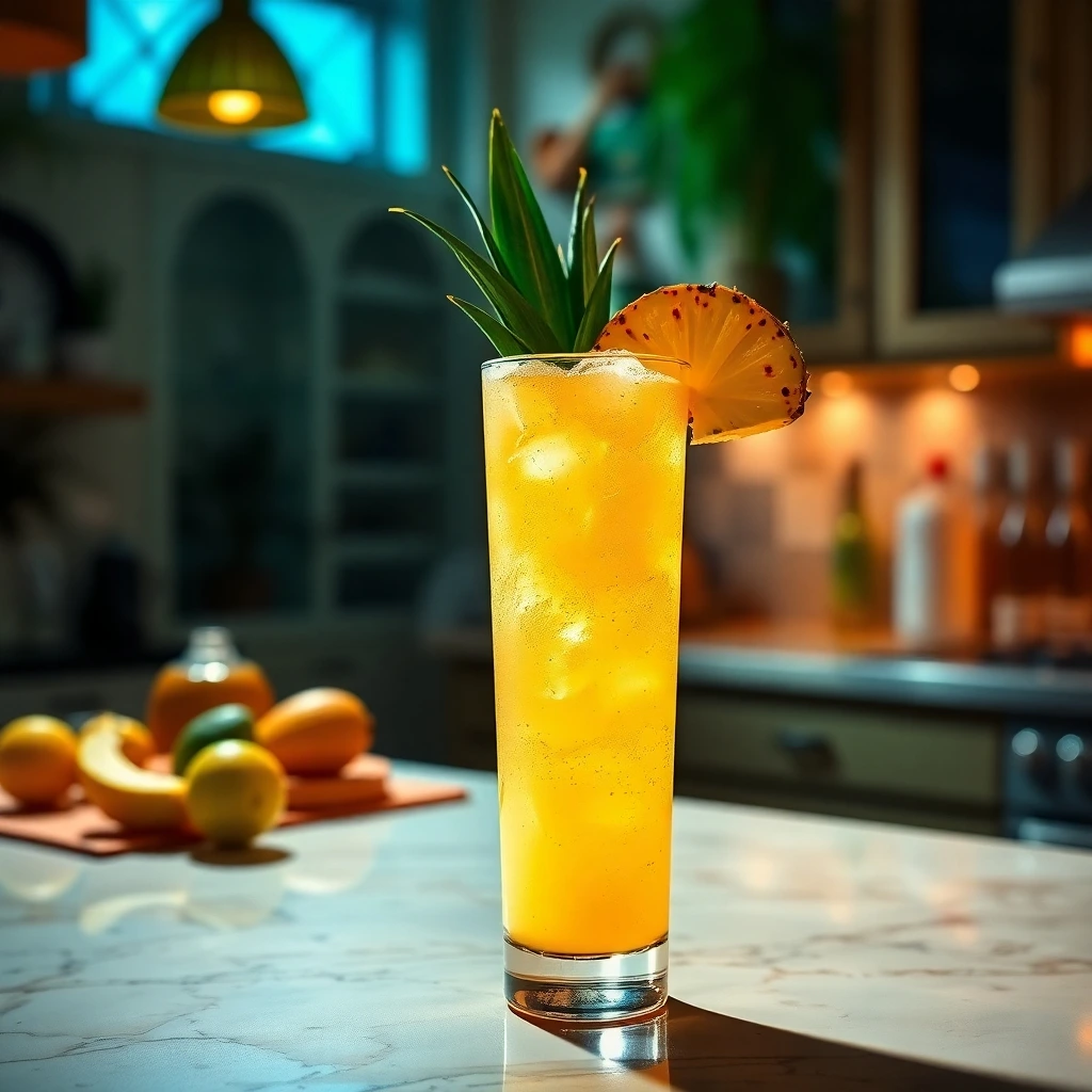 A Tropical Dirty Soda made with lemon-lime soda, pineapple syrup, and coconut cream, garnished with a pineapple wedge.