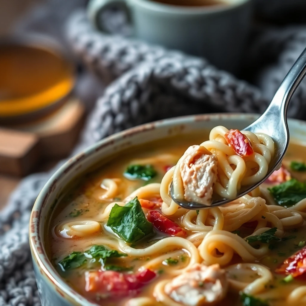 Bowl of chicken noodle soup with chicken, spinach, and red peppers.