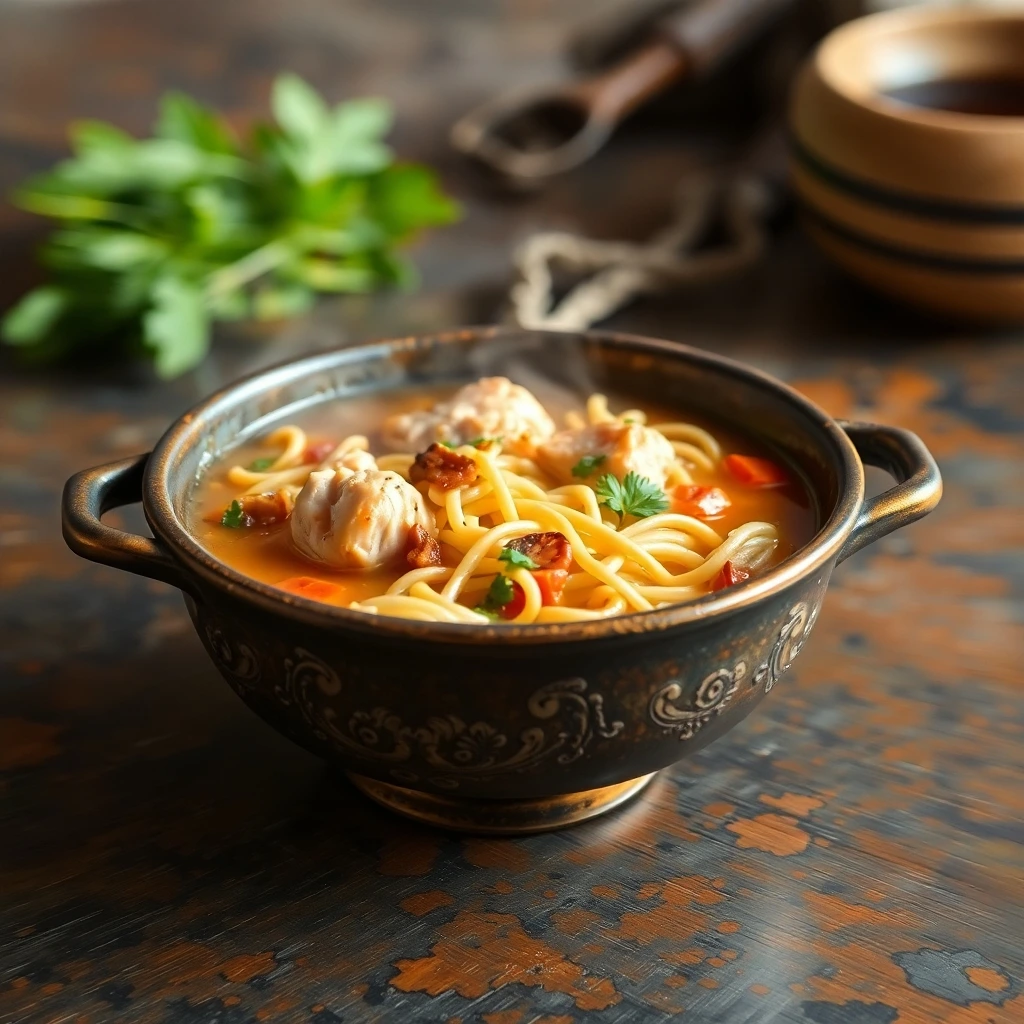 Chicken noodle soup : Rustic bowl of chicken noodle soup with herbs and chicken.