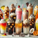 An assortment of Dirty Soda drinks featuring various flavors like cola, lemon-lime, and cream soda with colorful syrups and creamy swirls.