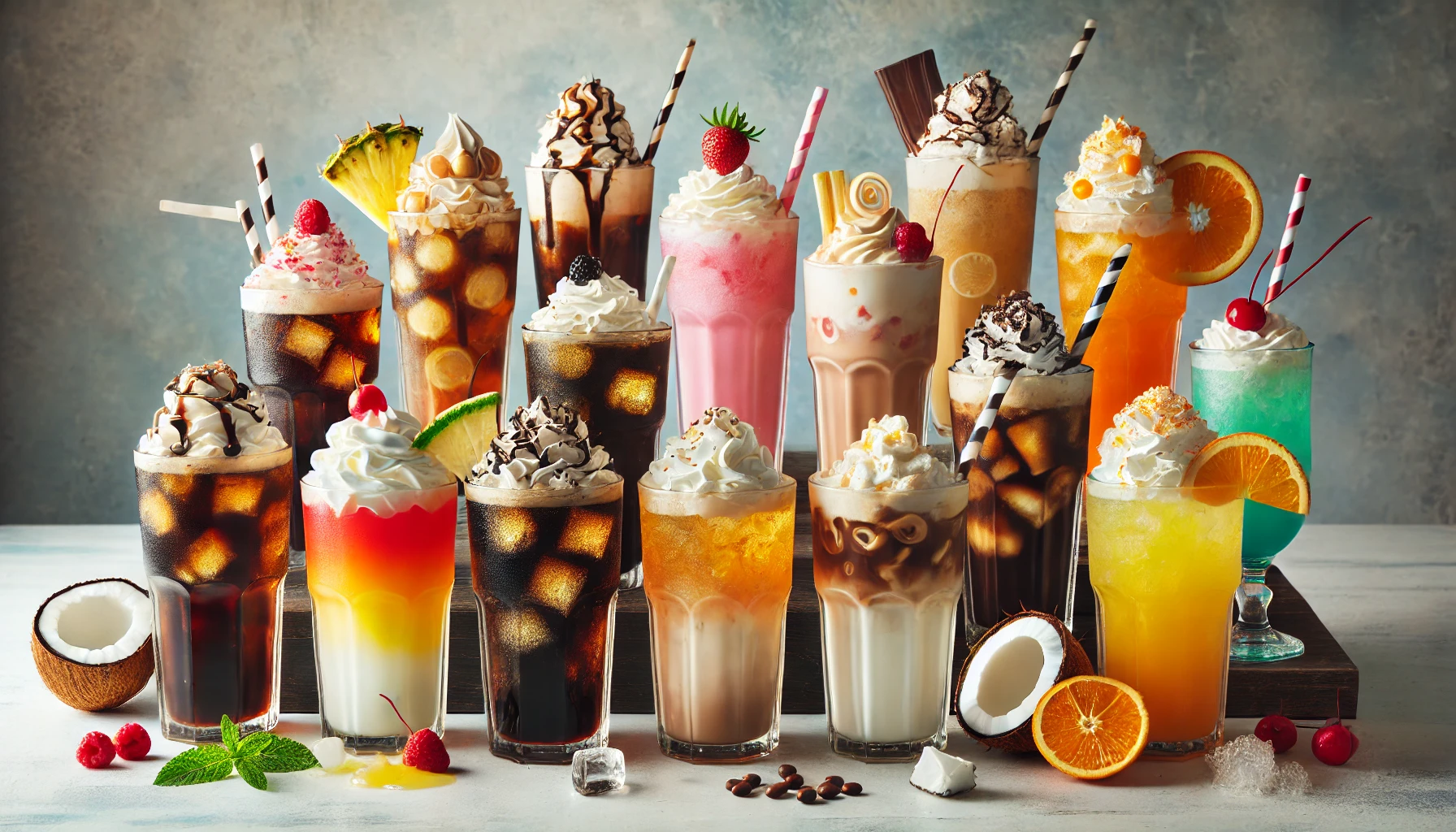 An assortment of Dirty Soda drinks featuring various flavors like cola, lemon-lime, and cream soda with colorful syrups and creamy swirls.