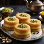 Mini Kunafa desserts with a golden, crispy pastry shell, creamy cheese filling, and garnished with chopped pistachios on a silver platter