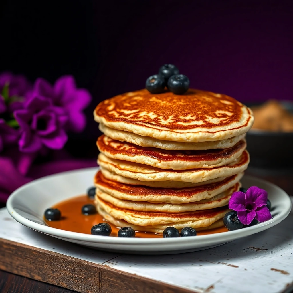 Stack of golden sourdough discard pancakes with blueberries and syrup.