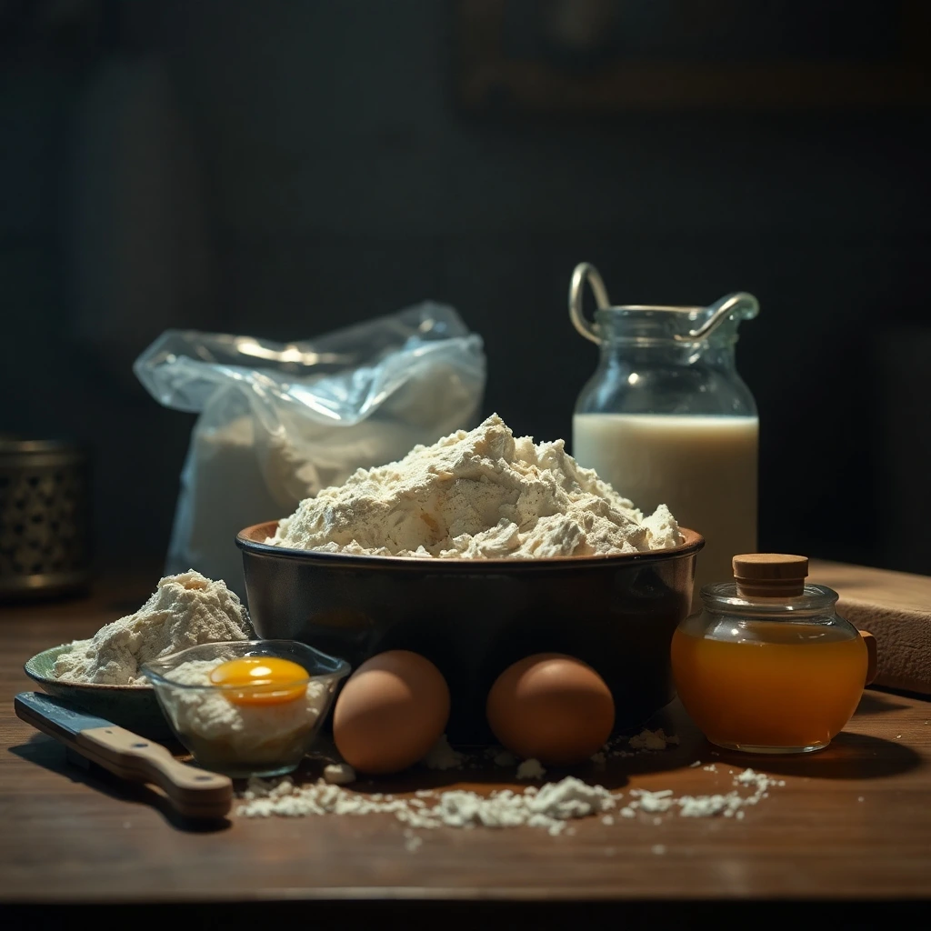 Ingredients for sourdough discard pancakes, including flour, eggs, milk, and honey.