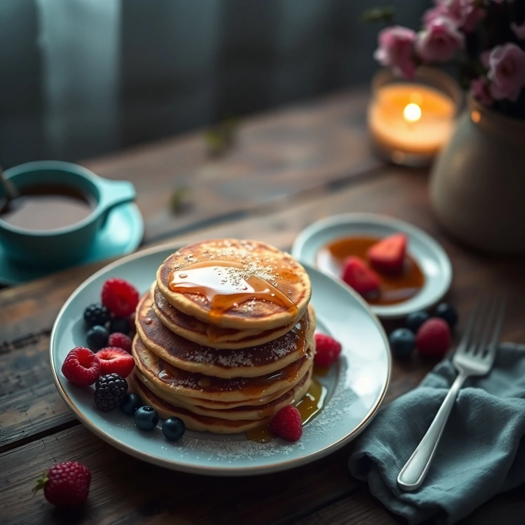 A cozy breakfast scene featuring sourdough discard pancakes with berries and syrup.