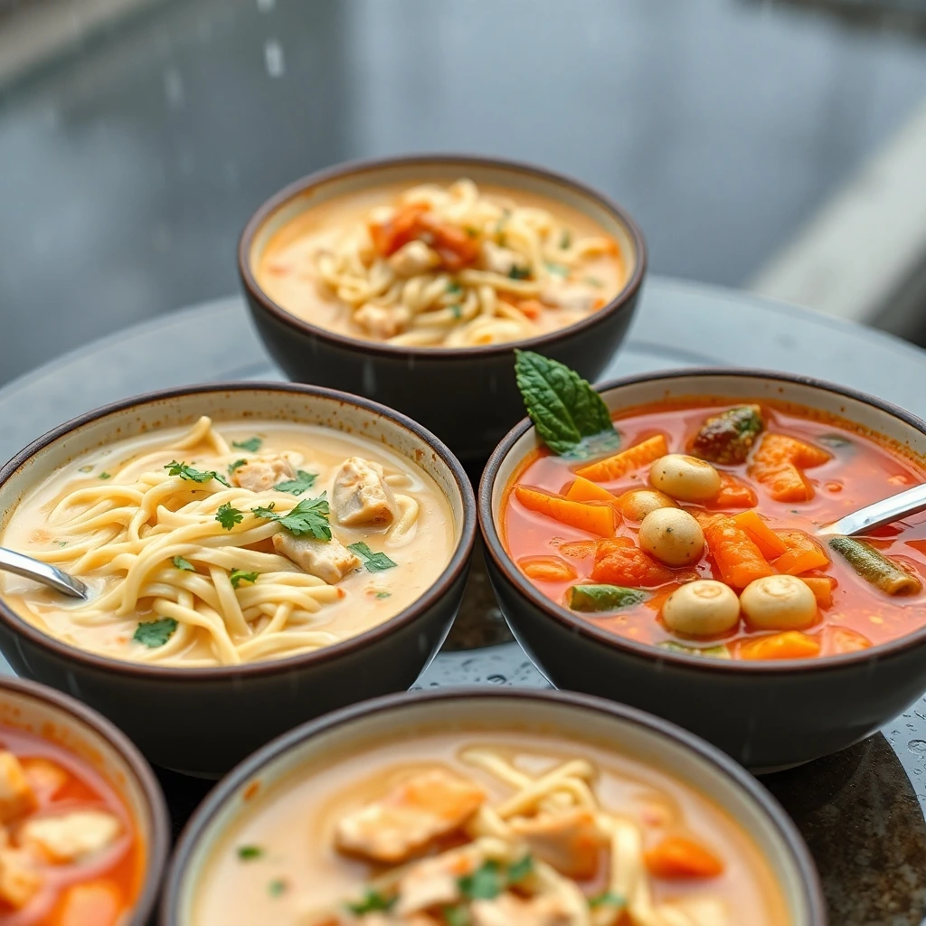 4 Delicious Variations of Chicken Noodle Soup.A display of four chicken noodle soup variations, including classic, creamy, gluten-free, and spicy versions.