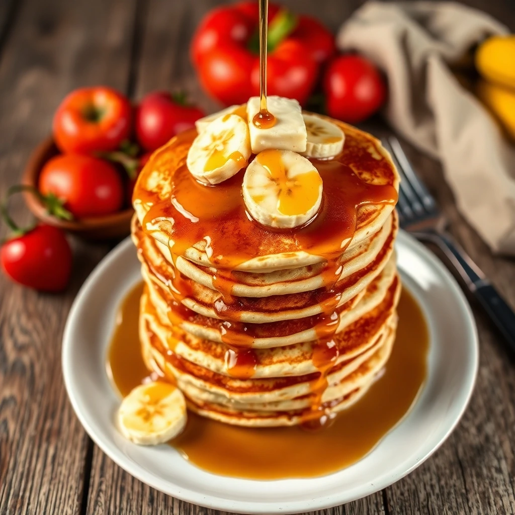 Stack of fluffy vegan banana pancakes drizzled with maple syrup on a rustic wooden table.