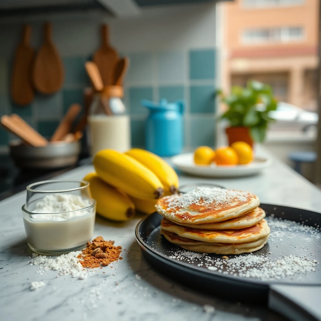 Modern kitchen countertop displaying vegan pancake ingredients with a sizzling griddle in the background.