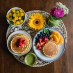 Overhead view of a beautifully arranged vegan brunch table with pancakes, fresh fruit, and a green smoothie.